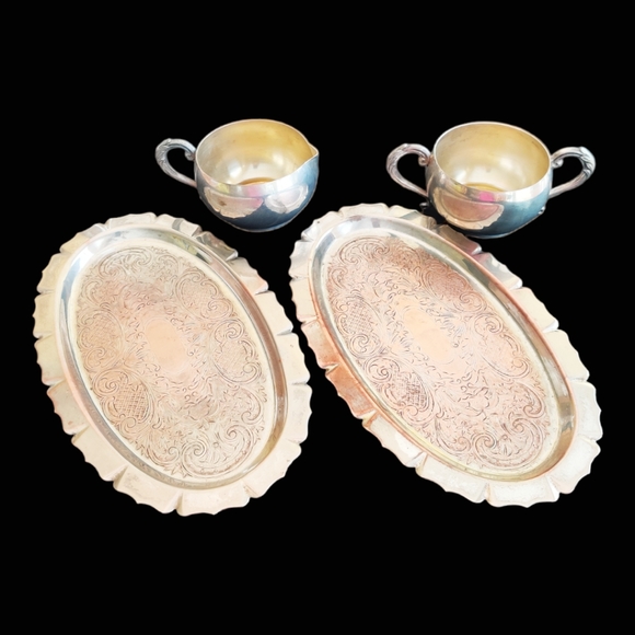 Vintage Set of 2 Trays, 1 Sugar Bowl & 1 Creamer Cup, Silverplate EP Copper - Picture 2 of 16